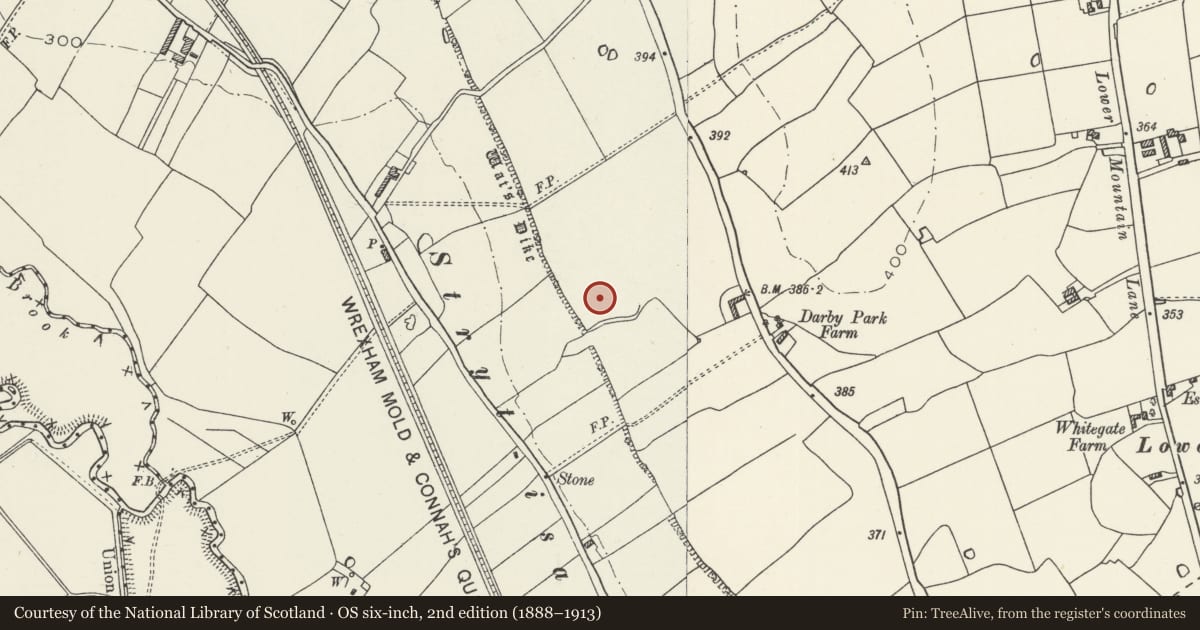 Ordnance Survey six-inch map, 2nd edition (1888–1913) covering the location of Wat's Dyke: Two sections between Clawdd Offa & Pigeon House Farm, Penyffordd, Flintshire, with a pin at the register's coordinates