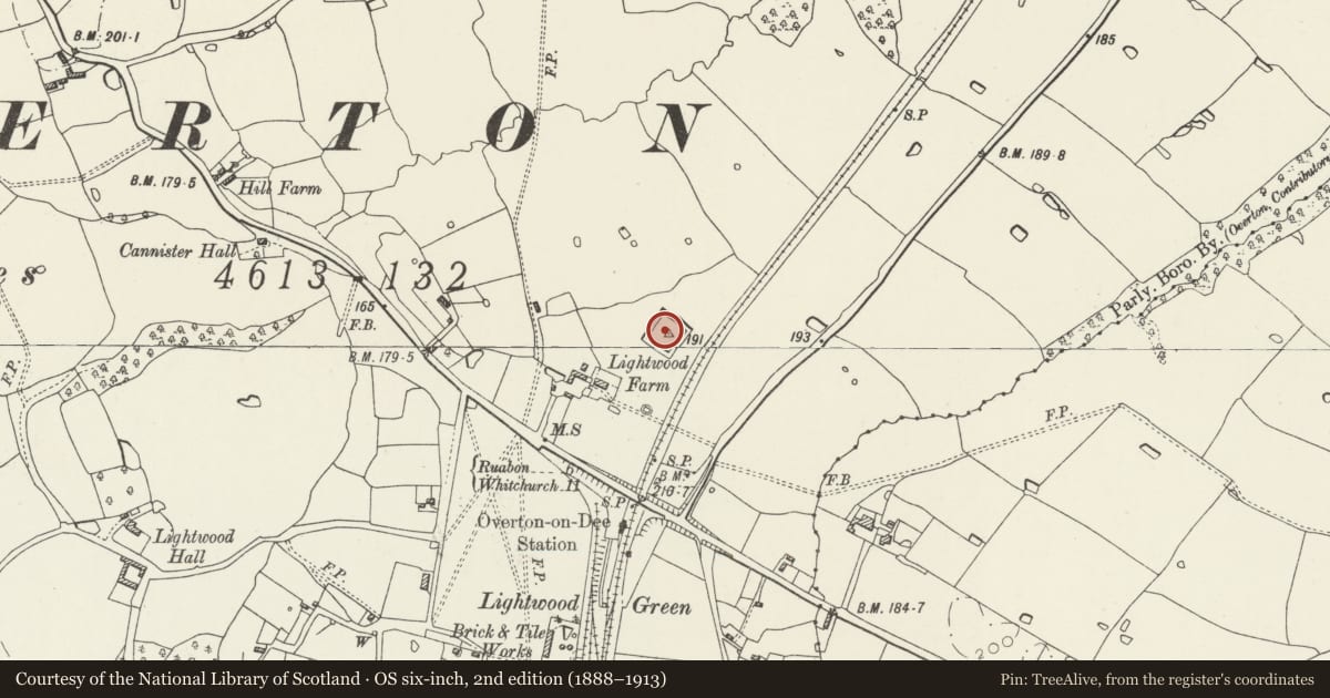 Ordnance Survey six-inch map, 2nd edition (1888–1913) covering the location of Lightwood Farm Moated Site, Overton, Wrexham, with a pin at the register's coordinates