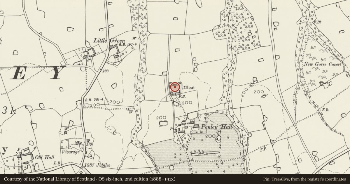 Ordnance Survey six-inch map, 2nd edition (1888–1913) covering the location of Penley Hall Moated Site, Maelor South, Wrexham, with a pin at the register's coordinates