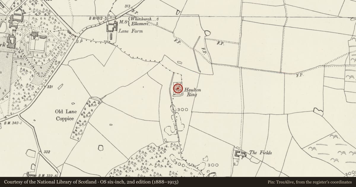 Ordnance Survey six-inch map, 2nd edition (1888–1913) covering the location of Haulton Ring Moated Site, Bronington, Wrexham, with a pin at the register's coordinates