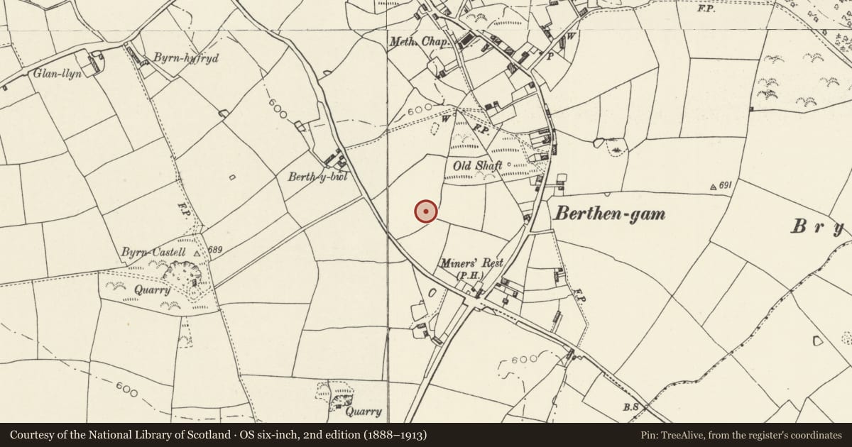 Ordnance Survey six-inch map, 2nd edition (1888–1913) covering the location of Berthen-Gam Round Barrow, Llanasa, Flintshire, with a pin at the register's coordinates