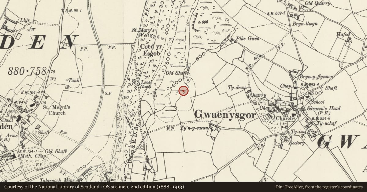 Ordnance Survey six-inch map, 2nd edition (1888–1913) covering the location of Round Barrow West of Ty Draw, Trelawnyd and Gwaenysgor, Denbighshire, with a pin at the register's coordinates