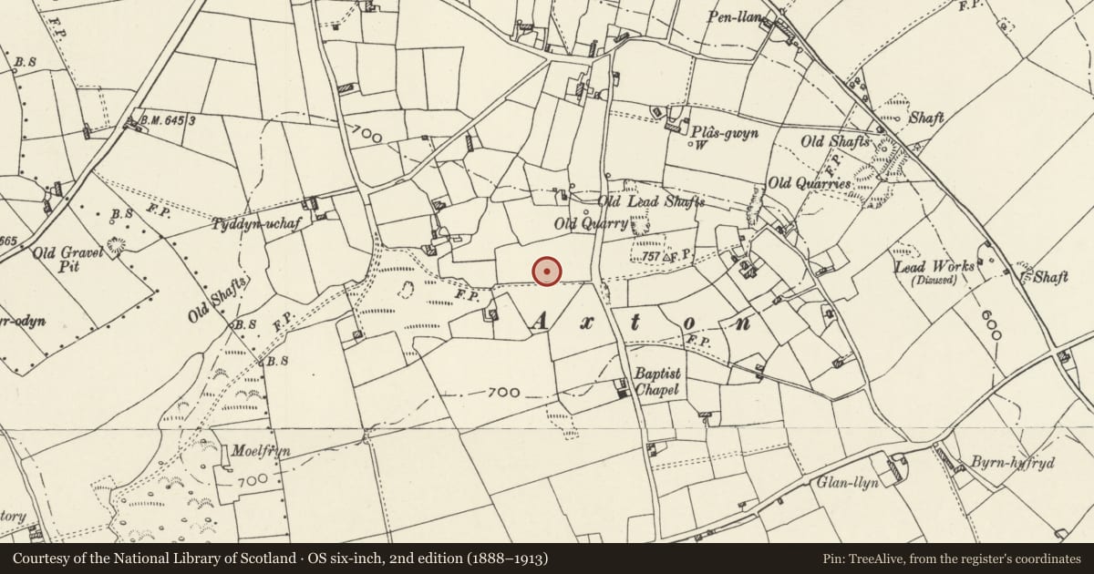 Ordnance Survey six-inch map, 2nd edition (1888–1913) covering the location of Round Barrows North West of Axton Baptist Chapel, Llanasa, Flintshire, with a pin at the register's coordinates
