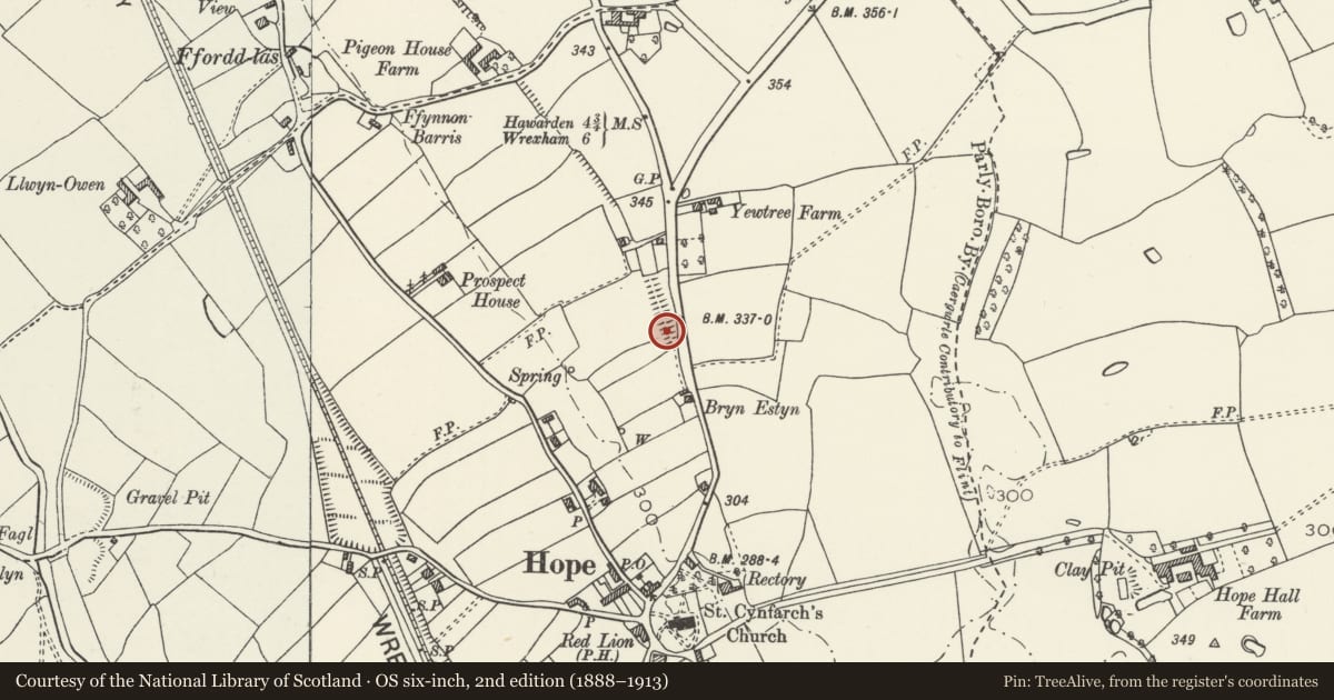Ordnance Survey six-inch map, 2nd edition (1888–1913) covering the location of Wat's Dyke: Section N of Bryn Estyn, Hope, Flintshire, with a pin at the register's coordinates