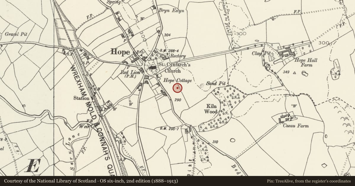 Ordnance Survey six-inch map, 2nd edition (1888–1913) covering the location of Wat's Dyke: Section E of Hope, Flintshire, with a pin at the register's coordinates