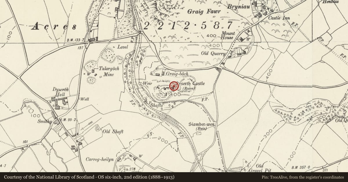 Ordnance Survey six-inch map, 2nd edition (1888–1913) covering the location of Dyserth Castle, Denbighshire, with a pin at the register's coordinates