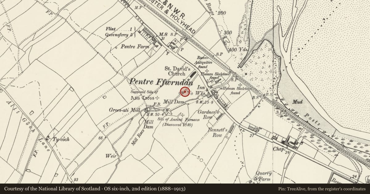 Ordnance Survey six-inch map, 2nd edition (1888–1913) covering the location of Pentre Bridge Roman Site, Flint, Flintshire, with a pin at the register's coordinates