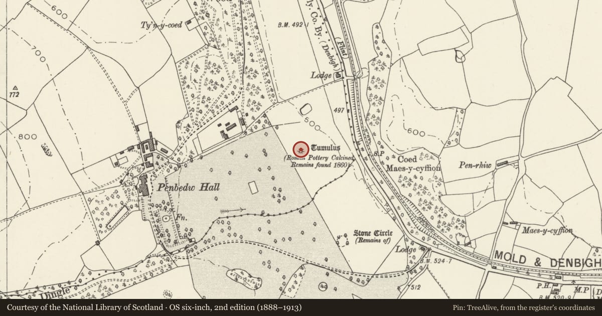Ordnance Survey six-inch map, 2nd edition (1888–1913) covering the location of Round Barrow 450m E of Penbedw Hall, Nannerch, Flintshire, with a pin at the register's coordinates