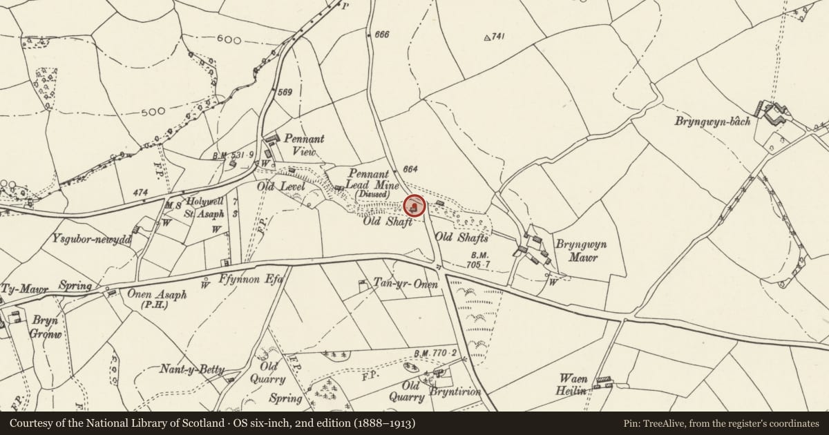 Ordnance Survey six-inch map, 2nd edition (1888–1913) covering the location of Pennant Mines Winding Engine House & Chimney, Rhuallt, Tremeirchion, Denbighshire, with a pin at the register's coordinates
