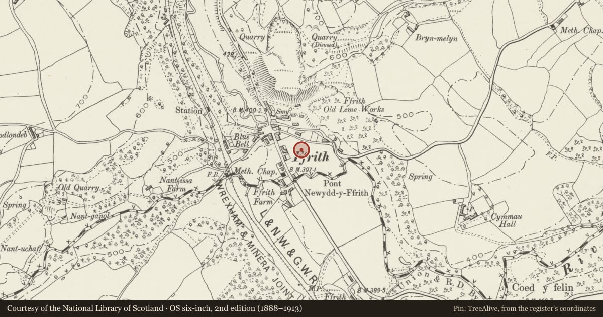 Ordnance Survey six-inch map, 2nd edition (1888–1913) covering the location of Ffrith Roman Site, Llanfynydd, Flintshire, with a pin at the register's coordinates