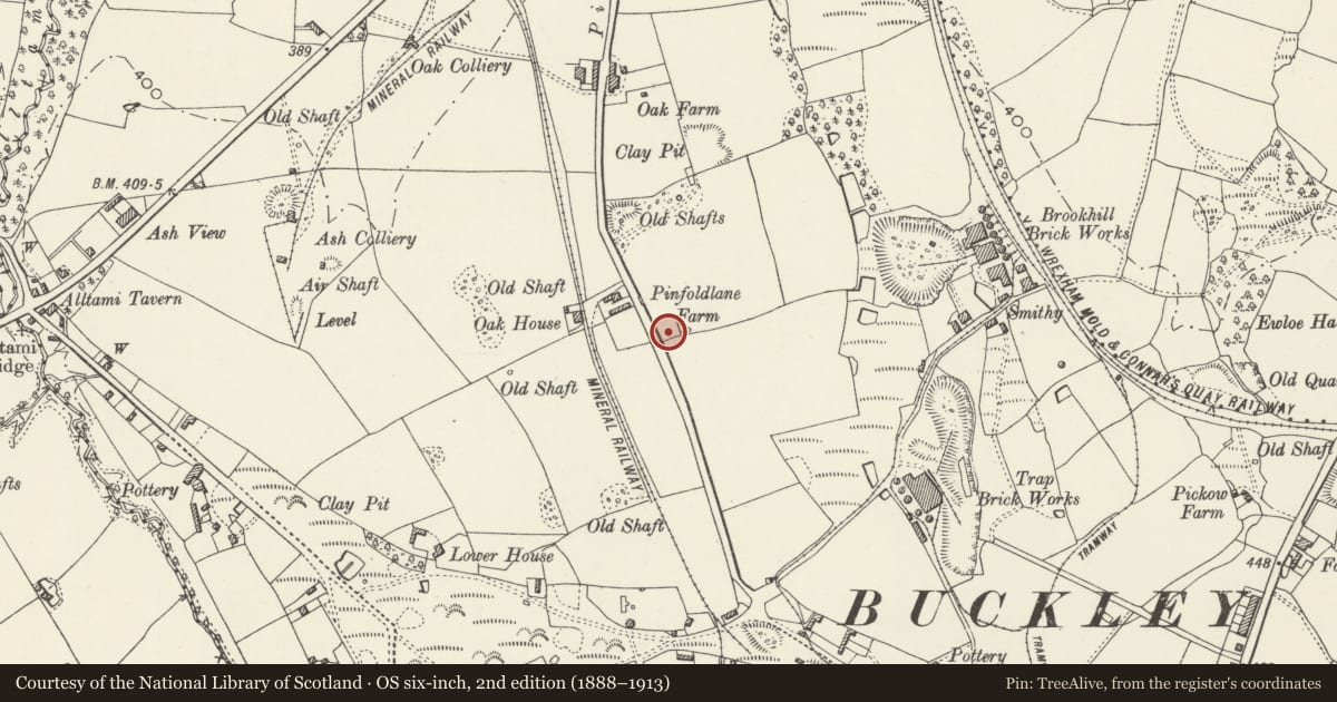 Ordnance Survey six-inch map, 2nd edition (1888–1913) covering the location of Pottery Kiln, Buckley, Flintshire, with a pin at the register's coordinates
