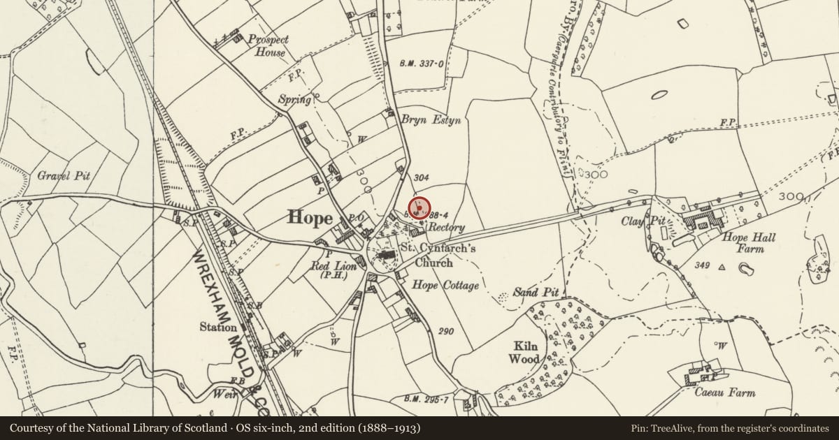 Ordnance Survey six-inch map, 2nd edition (1888–1913) covering the location of Wat's Dyke: Section N of the Rectory, Hope, Flintshire, with a pin at the register's coordinates