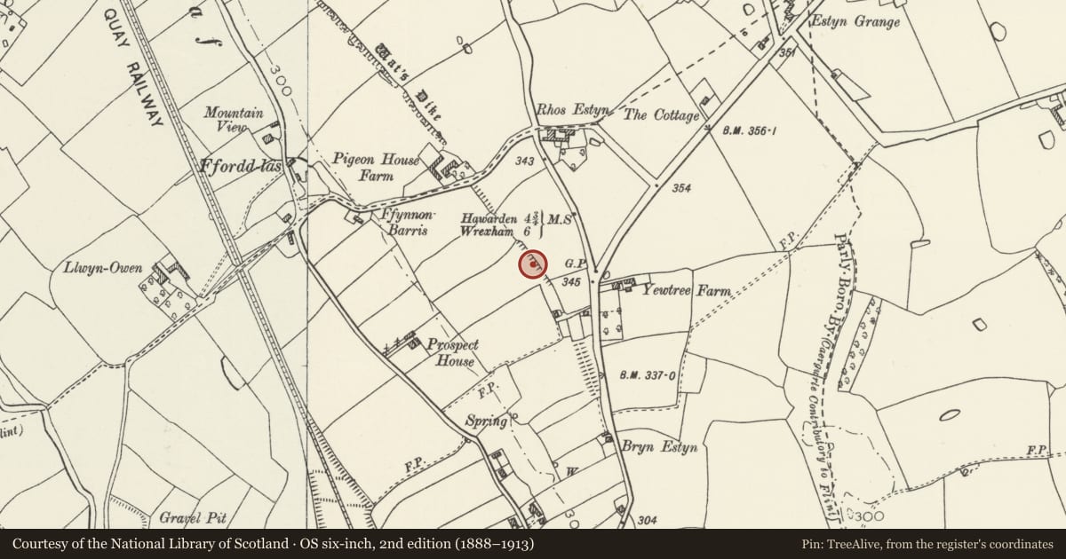 Ordnance Survey six-inch map, 2nd edition (1888–1913) covering the location of Wat's Dyke: Section N of Carlton Grange, Hope, Flintshire, with a pin at the register's coordinates