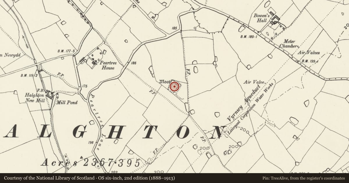 Ordnance Survey six-inch map, 2nd edition (1888–1913) covering the location of Pear Tree Lane Moat & Fishpond, Hanmer, Wrexham, with a pin at the register's coordinates