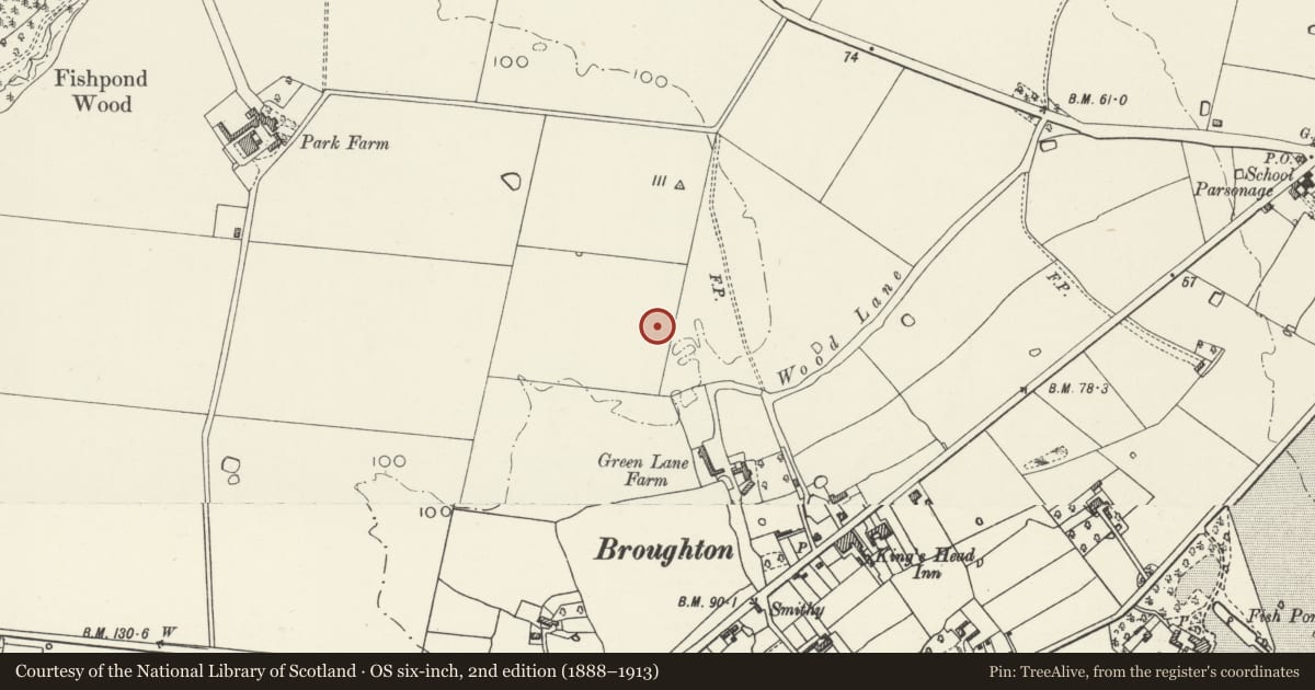 Ordnance Survey six-inch map, 2nd edition (1888–1913) covering the location of Green Lane Farm Moated Site, Broughton and Bretton, Flintshire, with a pin at the register's coordinates