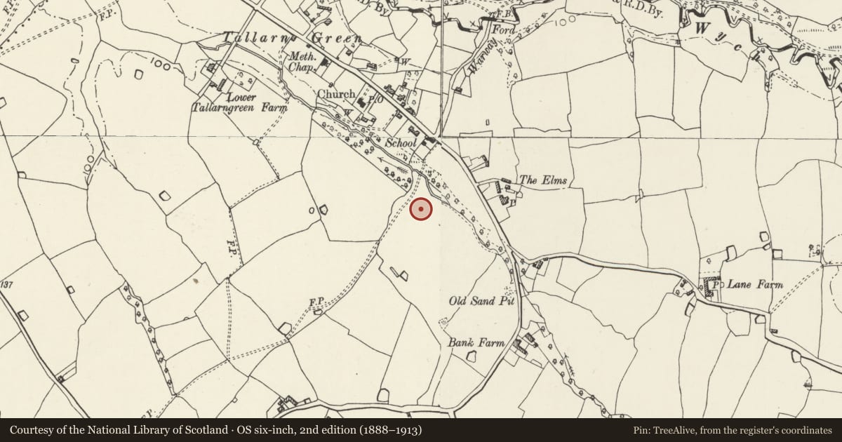 Ordnance Survey six-inch map, 2nd edition (1888–1913) covering the location of Tallarn Green Moated Site, Willington Worthenbury, Wrexham, with a pin at the register's coordinates