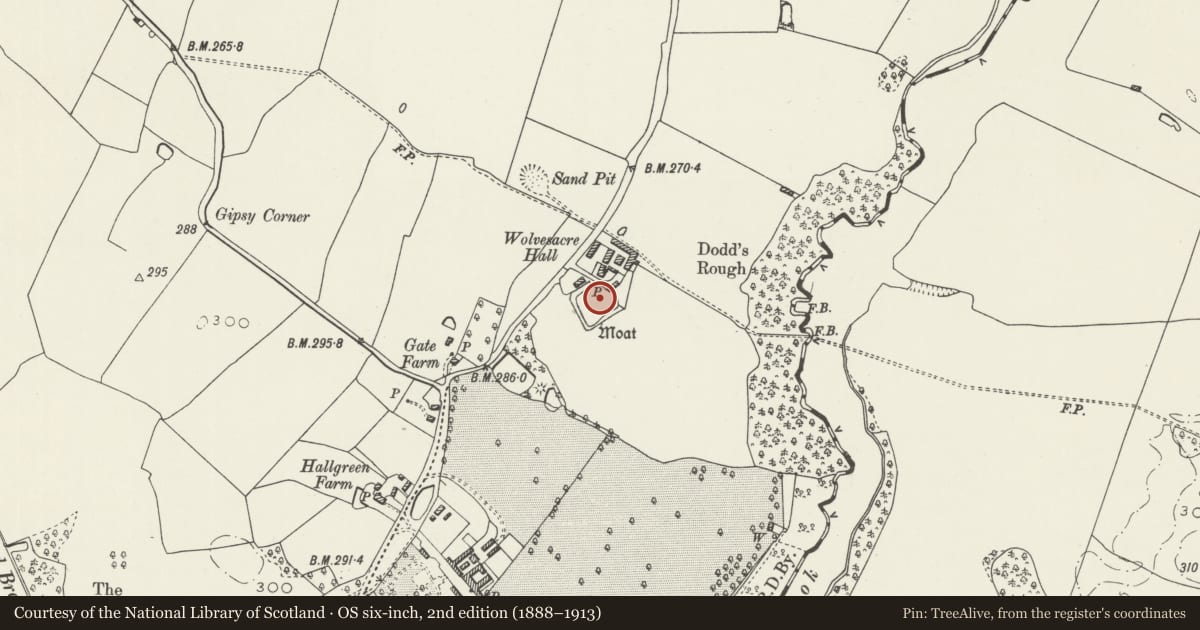 Ordnance Survey six-inch map, 2nd edition (1888–1913) covering the location of Wolvesacre Hall Moated Site, Bronington, Wrexham, with a pin at the register's coordinates