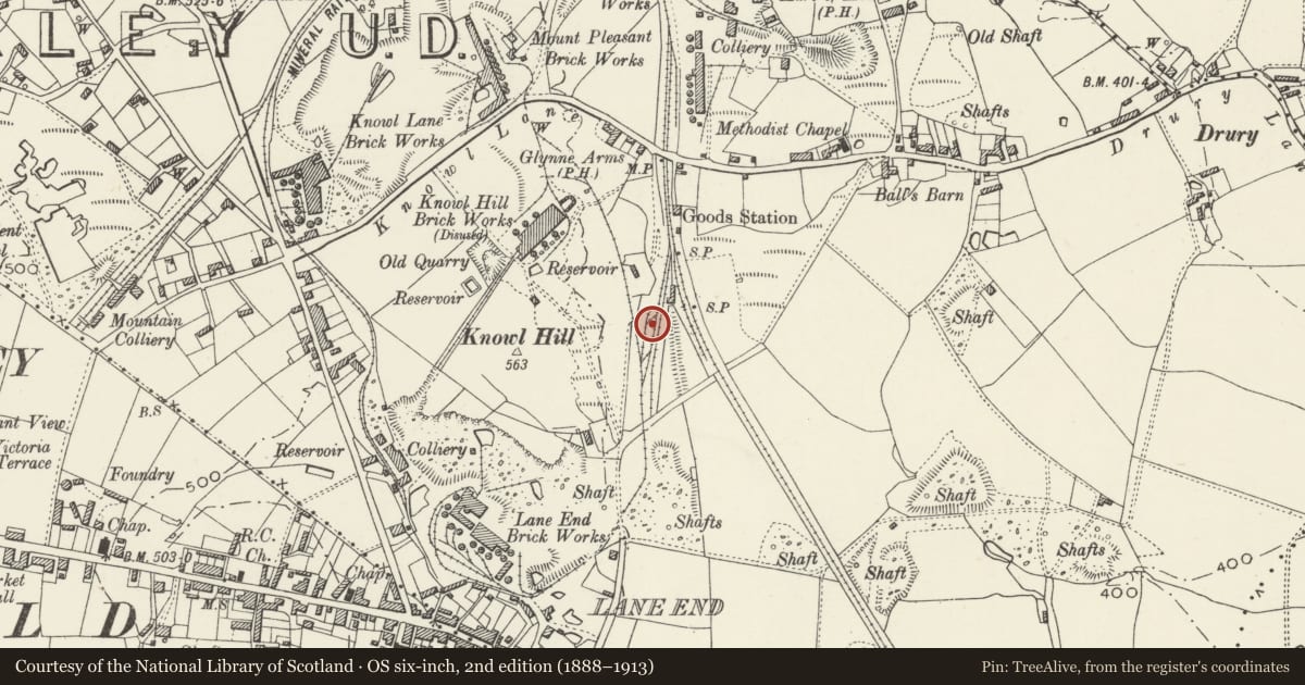 Ordnance Survey six-inch map, 2nd edition (1888–1913) covering the location of Industrial Tramway, Near Buckley, Flintshire, with a pin at the register's coordinates