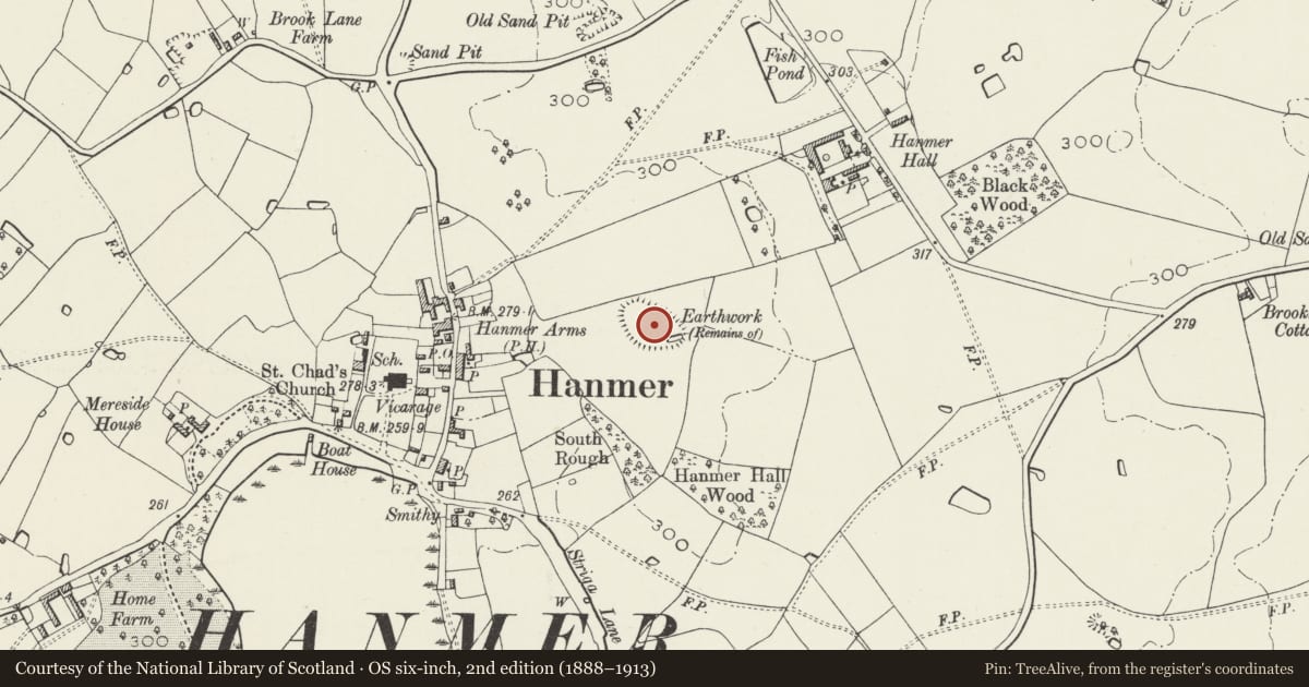 Ordnance Survey six-inch map, 2nd edition (1888–1913) covering the location of Hanmer Moated Site, Wrexham, with a pin at the register's coordinates