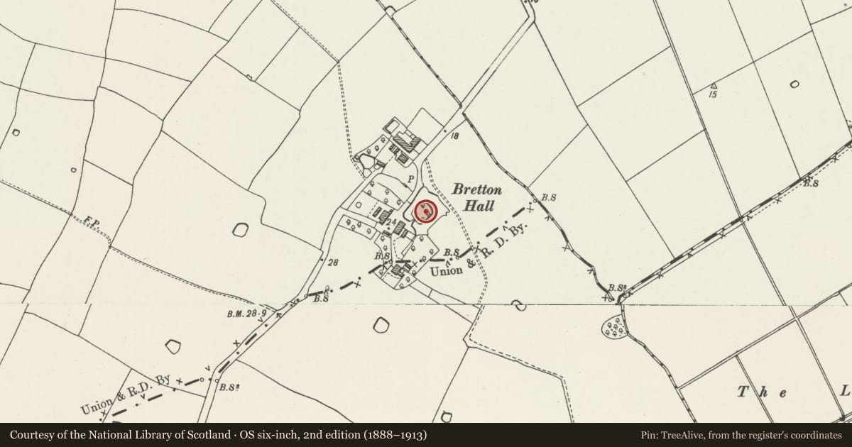 Ordnance Survey six-inch map, 2nd edition (1888–1913) covering the location of Bretton Hall Moated Site, Broughton and Bretton, Flintshire, with a pin at the register's coordinates