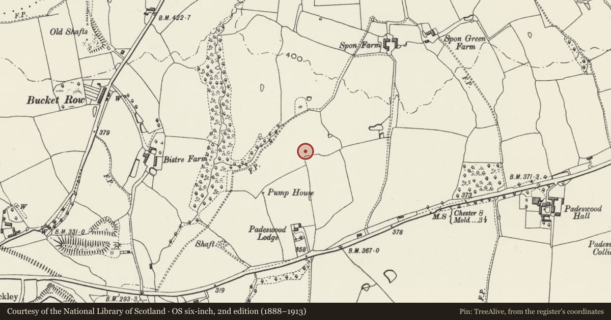 Ordnance Survey six-inch map, 2nd edition (1888–1913) covering the location of Spon Chapel, Buckley, Flintshire, with a pin at the register's coordinates