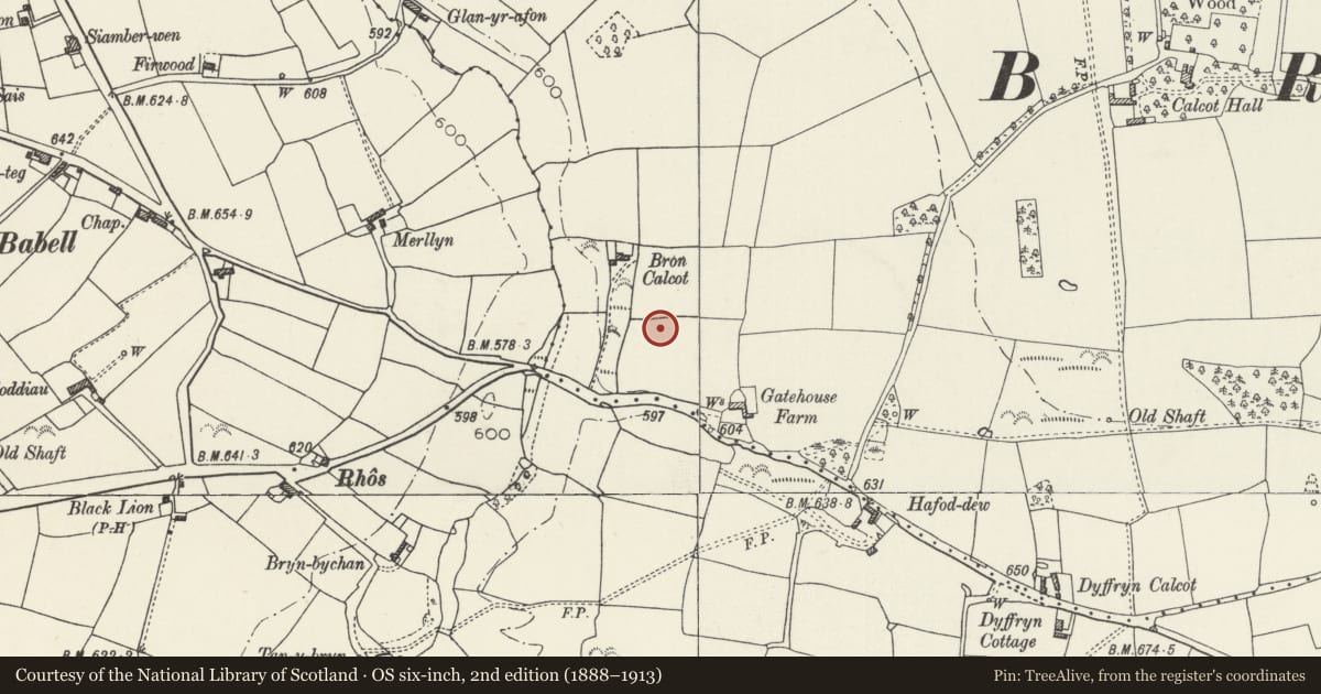 Ordnance Survey six-inch map, 2nd edition (1888–1913) covering the location of Gatehouse Farm round barrow, Brynford, Flintshire, with a pin at the register's coordinates