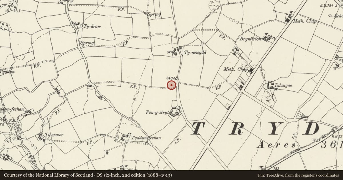 Ordnance Survey six-inch map, 2nd edition (1888–1913) covering the location of Pen-y-stryt round barrow, Treuddyn, Flintshire, with a pin at the register's coordinates