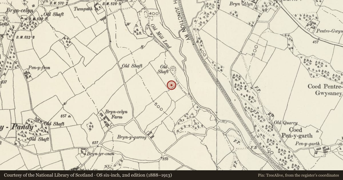 Ordnance Survey six-inch map, 2nd edition (1888–1913) covering the location of Ministry of Supply Valley Site, Cilcain, Flintshire, with a pin at the register's coordinates