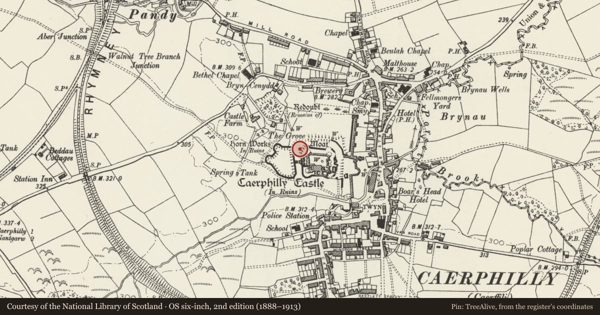 Ordnance Survey six-inch map, 2nd edition (1888–1913) covering the location of Caerphilly Castle, with a pin at the register's coordinates