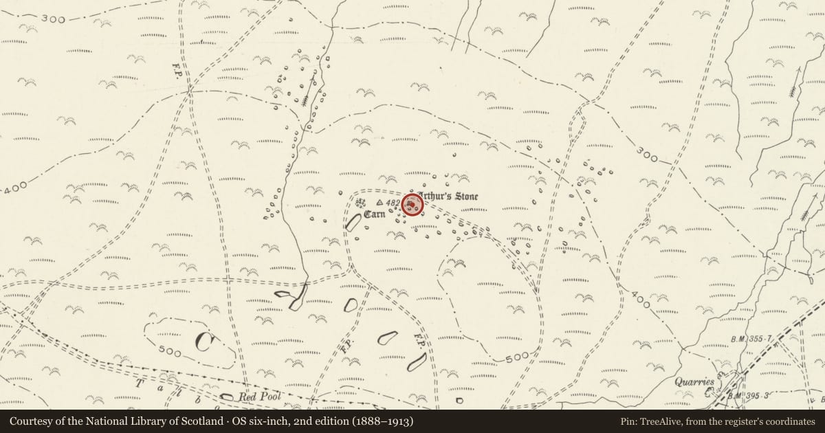 Ordnance Survey six-inch map, 2nd edition (1888–1913) covering the location of Arthur's Stone, Cefn Bryn, Llanrhidian Lower, Swansea, with a pin at the register's coordinates