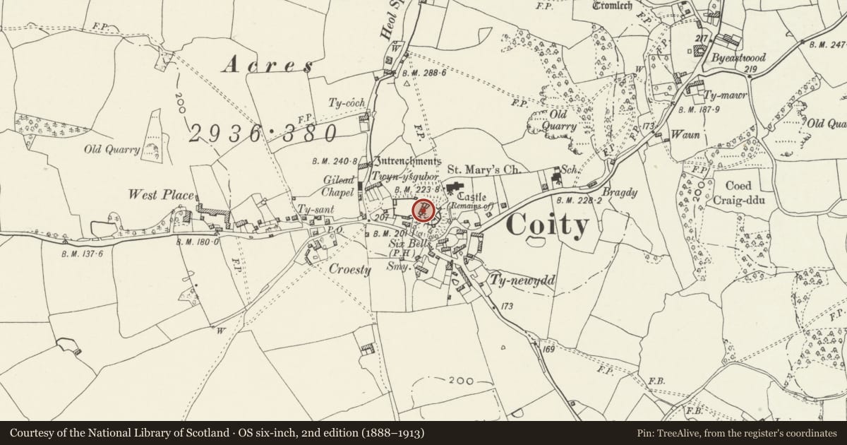 Ordnance Survey six-inch map, 2nd edition (1888–1913) covering the location of Castell Coety, Coity Higher, Bridgend, with a pin at the register's coordinates