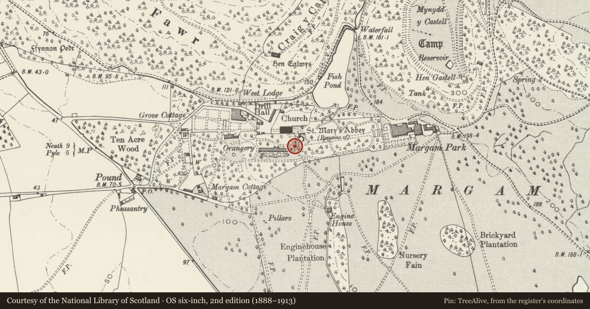 Ordnance Survey six-inch map, 2nd edition (1888–1913) covering the location of Margam Abbey, Neath Port Talbot, with a pin at the register's coordinates