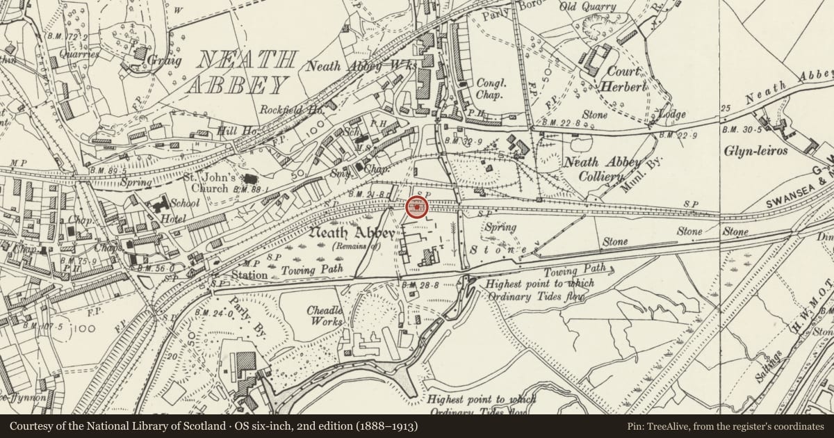 Ordnance Survey six-inch map, 2nd edition (1888–1913) covering the location of Neath Abbey, Dyffryn Clydach, Neath Port Talbot, with a pin at the register's coordinates
