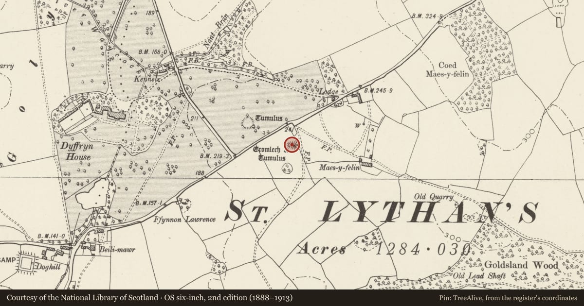 Ordnance Survey six-inch map, 2nd edition (1888–1913) covering the location of St Lythans Chambered Tomb, Wenvoe, Vale of Glamorgan, with a pin at the register's coordinates
