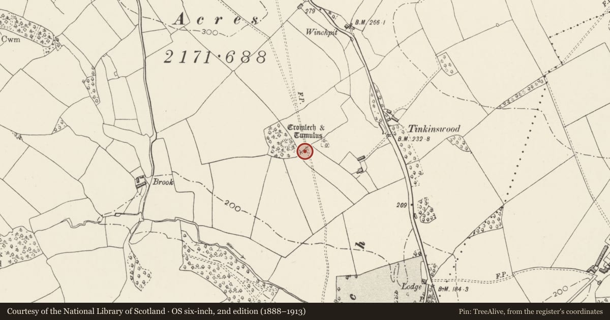 Ordnance Survey six-inch map, 2nd edition (1888–1913) covering the location of Tinkinswood Chambered Tomb, St. Nicholas and Bonvilston, Vale of Glamorgan, with a pin at the register's coordinates