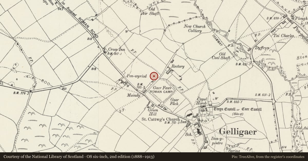 Ordnance Survey six-inch map, 2nd edition (1888–1913) covering the location of Gelligaer Roman Site, Caerphilly, with a pin at the register's coordinates
