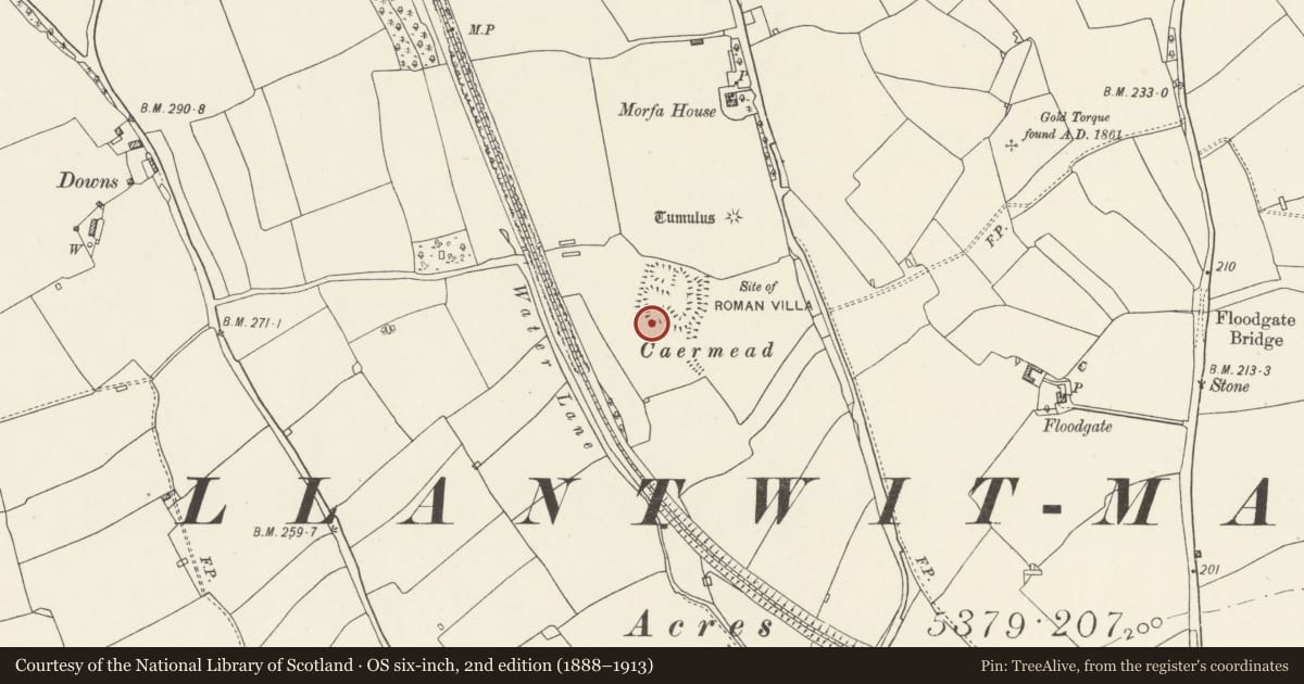 Ordnance Survey six-inch map, 2nd edition (1888–1913) covering the location of Caermead Roman Site, Llantwit Major, Vale of Glamorgan, with a pin at the register's coordinates