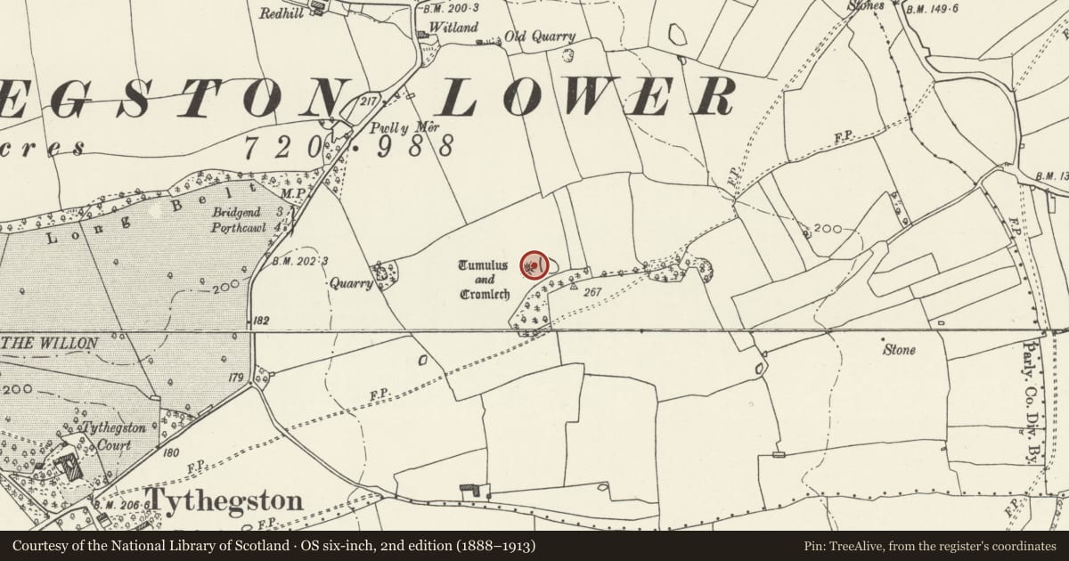 Ordnance Survey six-inch map, 2nd edition (1888–1913) covering the location of Tythegston Long Barrow, Merthyr Mawr, Bridgend, with a pin at the register's coordinates