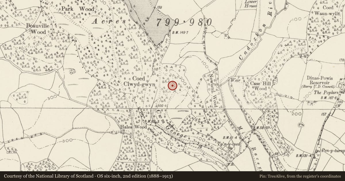 Ordnance Survey six-inch map, 2nd edition (1888–1913) covering the location of Cwm George Camp, Michaelston-le-Pit and Leckwith, Vale of Glamorgan, with a pin at the register's coordinates