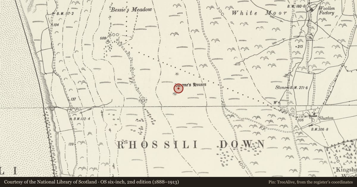 Ordnance Survey six-inch map, 2nd edition (1888–1913) covering the location of Sweyne's Howe chambered cairns, Llangennith, Llanmadoc and Cheriton, Swansea, with a pin at the register's coordinates