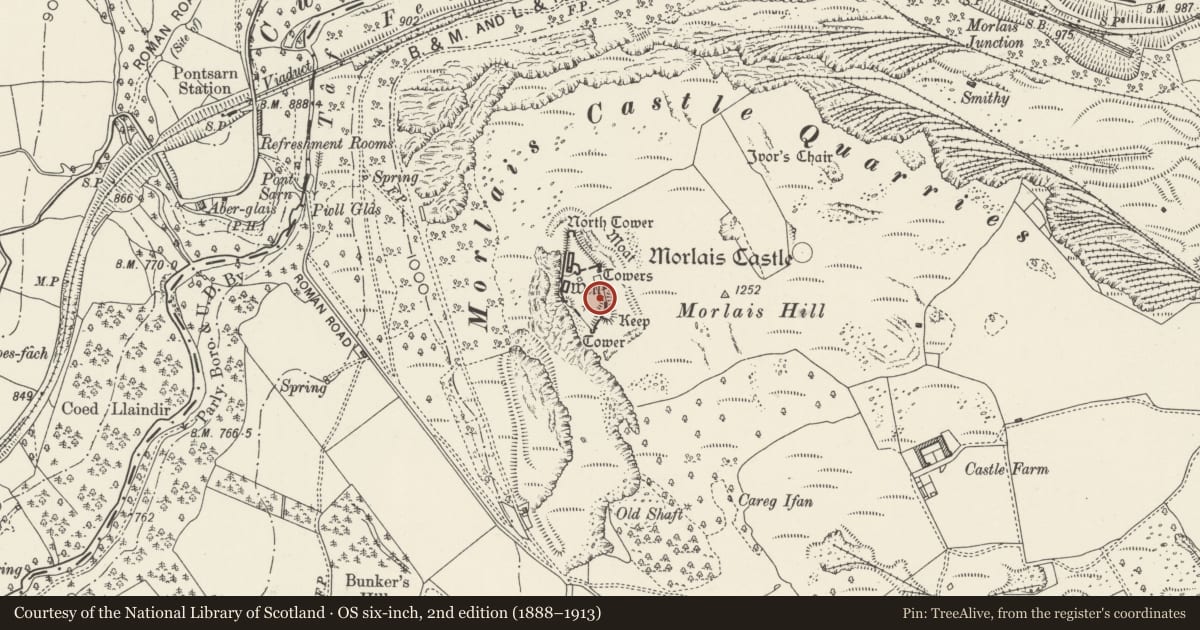 Ordnance Survey six-inch map, 2nd edition (1888–1913) covering the location of Morlais Castle, Pant, Merthyr Tydfil, with a pin at the register's coordinates