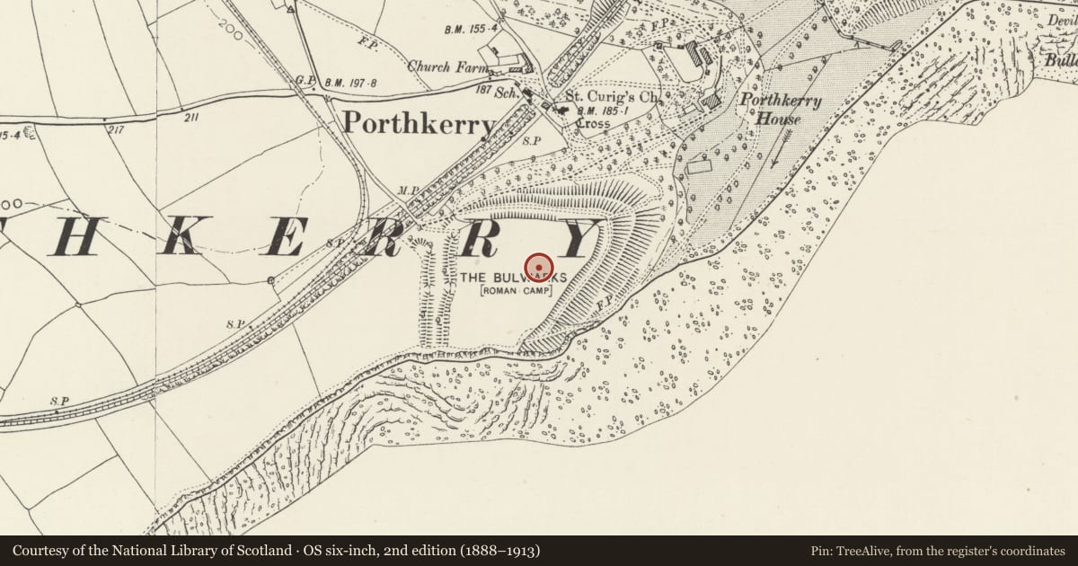 Ordnance Survey six-inch map, 2nd edition (1888–1913) covering the location of The Bulwarks Camp, Rhoose, Vale of Glamorgan, with a pin at the register's coordinates