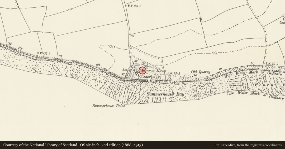 Ordnance Survey six-inch map, 2nd edition (1888–1913) covering the location of Summerhouse Camp, Llantwit Major, Vale of Glamorgan, with a pin at the register's coordinates