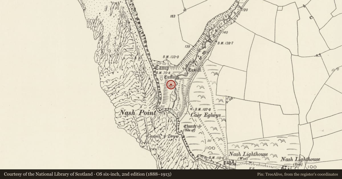 Ordnance Survey six-inch map, 2nd edition (1888–1913) covering the location of Nash Point Camp, St. Donats, Vale of Glamorgan, with a pin at the register's coordinates