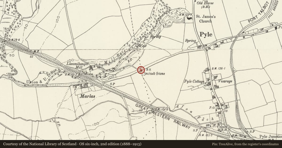 Ordnance Survey six-inch map, 2nd edition (1888–1913) covering the location of Pyle Incised Stone, Cynffig, Bridgend, with a pin at the register's coordinates