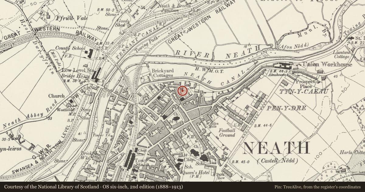 Ordnance Survey six-inch map, 2nd edition (1888–1913) covering the location of Neath Castle, Neath Port Talbot, with a pin at the register's coordinates