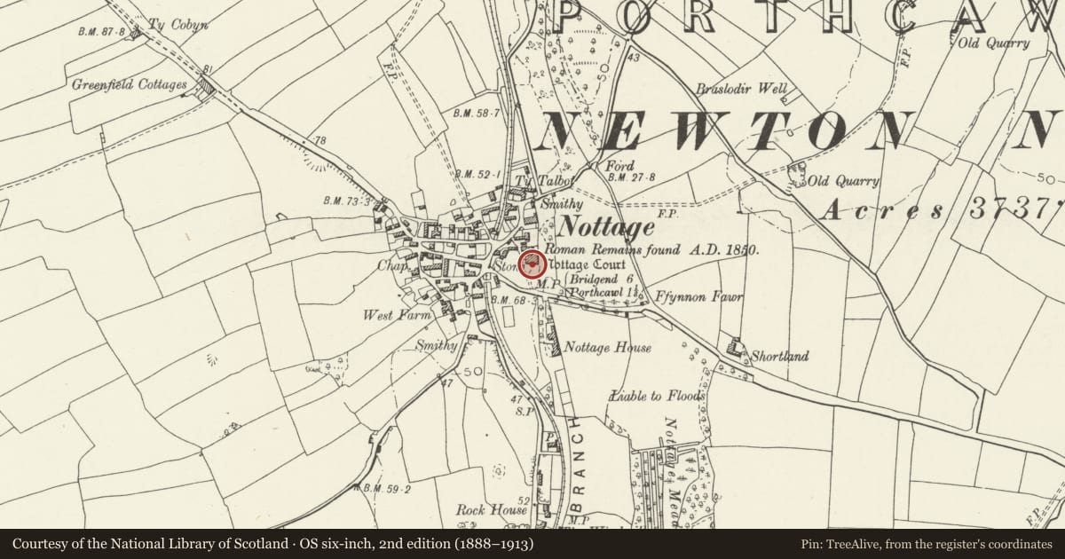 Ordnance Survey six-inch map, 2nd edition (1888–1913) covering the location of Nottage Court Inscribed Stone, Porthcawl, Bridgend, with a pin at the register's coordinates