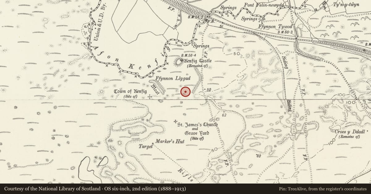 Ordnance Survey six-inch map, 2nd edition (1888–1913) covering the location of Kenfig Castle & Medieval Town, Cynffig, Bridgend, with a pin at the register's coordinates