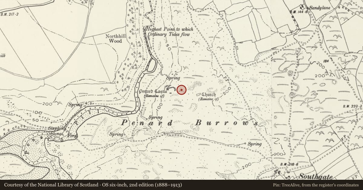 Ordnance Survey six-inch map, 2nd edition (1888–1913) covering the location of Pennard Castle & Church, Swansea, with a pin at the register's coordinates
