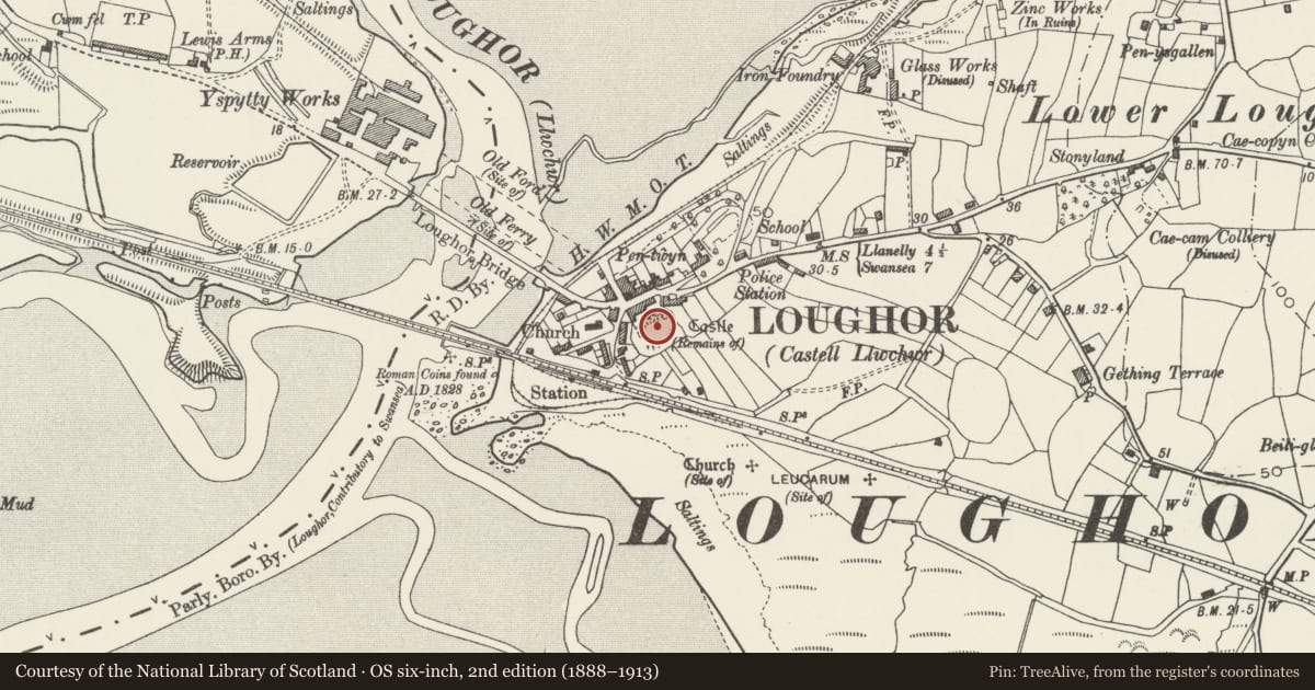 Ordnance Survey six-inch map, 2nd edition (1888–1913) covering the location of Loughor Castle, Llwchwr, Swansea, with a pin at the register's coordinates